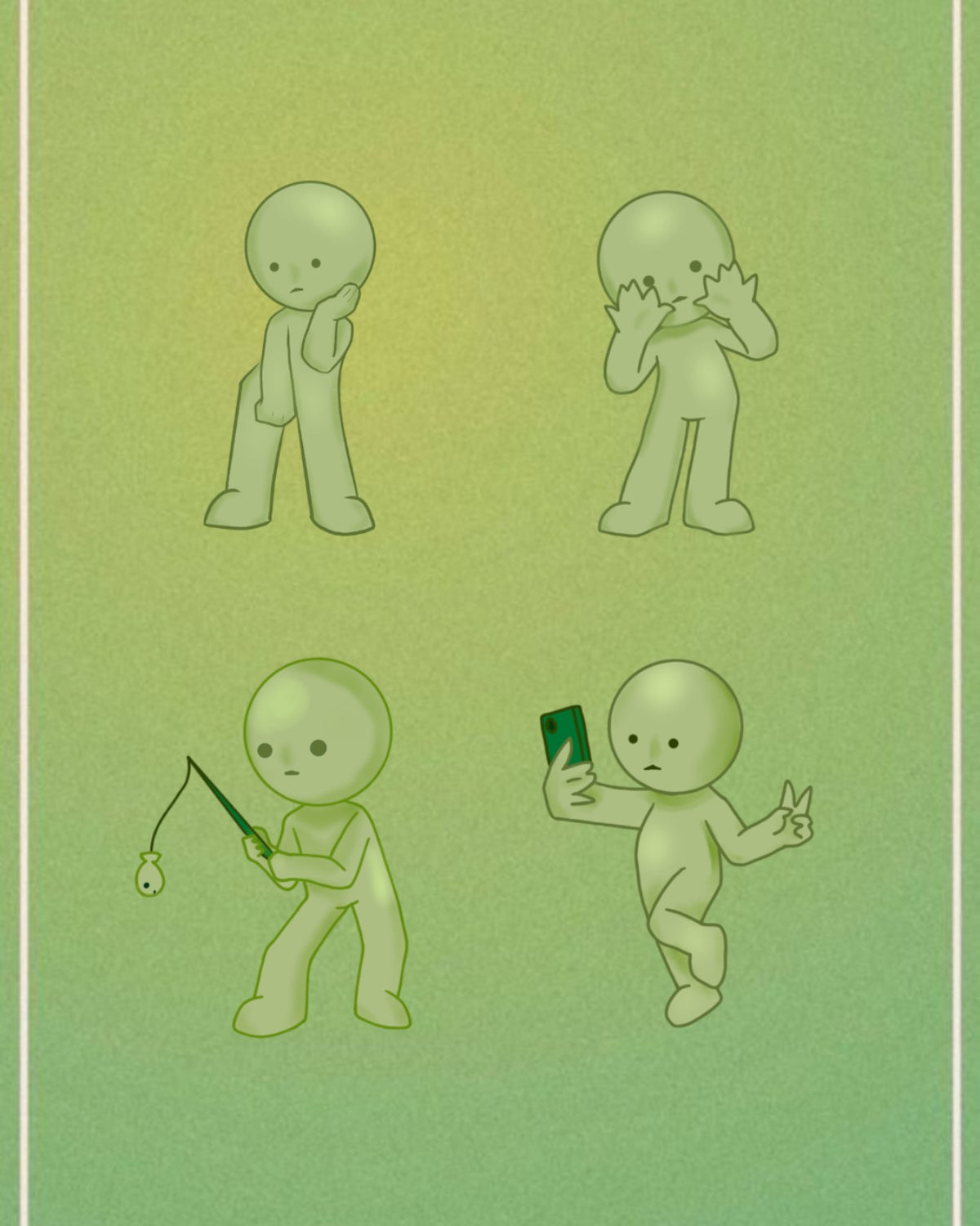 Holographic sticker designs showing Selfie, Fishing, Sexy Pose and Hi Pose