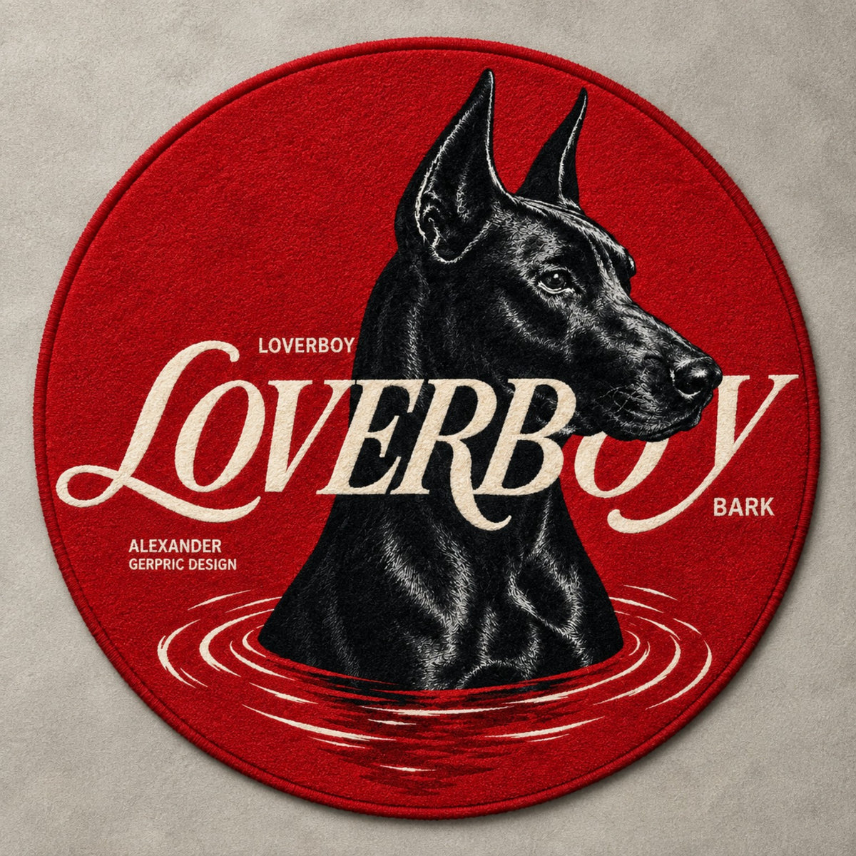 Lover Boy red round carpet with black Doberman design